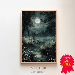 Impresión de paisaje nocturno de estilo cottagecore oscuro, arte de pared melancólico, pintura al óleo vintage con río iluminado por la luna, decoración de la academia verde, póster estético de luz de luna
