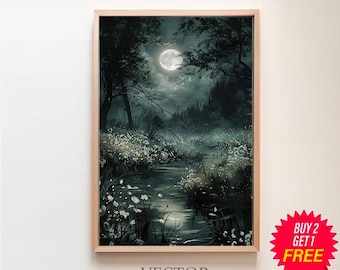 Night Landscape Dark Cottagecore Print, Moody Wall Art,moonlit River ...