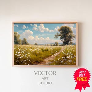 Spring Meadow Print - White Flowers Field - Vintage Style Décor - Landscape Painting- Digital Download PRINTABLE Art - Farmhouse