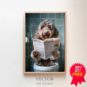 Labradoodle auf Toilette und liest Zeitung,Badezimmer Bild, Badezimmer Deko, Labradoodle Geschenk,Einrichtung Ideen Badezimmer,Funny Picture