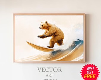 Bear Surfing Art Print Nursery Surf Art Beach Nursery Theme Animal Art Nursery Surf Prints Kids Bedroom Surfing Decor by Bespoke Littles
