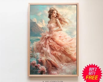May include: A woman in a flowing pink dress stands on a cloud with a mountain range in the background. The dress is made of soft, delicate fabric and has a ruffled skirt. The woman's hair is long and flowing, and she has a serene expression on her face.