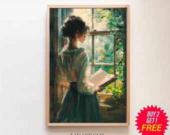 Woman Reading Portrait - Wall Art - Oil Painting - Vintage Style Décor - Digital Download - Neutral Tones - Printable