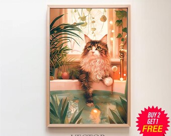 Kat badkamer botanische kunst print poster, badkamer decor kunstwerk, kattenbad muur kunst tropische boho decoratie