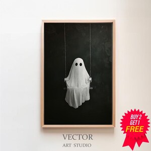 Ghost On The Swing Poster, Sheeted Ghost Art Print, Cute Little Ghost Face Spooky Gothic Printable, Dark Academia Room Decor, Abandoned Art