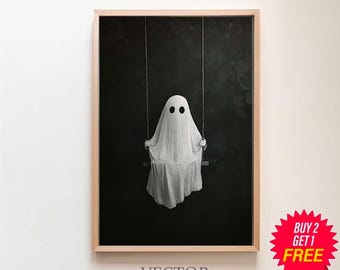 Ghost On The Swing Poster, Sheeted Ghost Art Print, Cute Little Ghost Face Spooky Gothic Printable, Dark Academia Room Decor, Abandoned Art