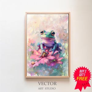 Peut inclure: Une peinture d'une grenouille verte et bleue assise sur une fleur rose. L'arrière-plan est un rose et un jaune pastel doux.
