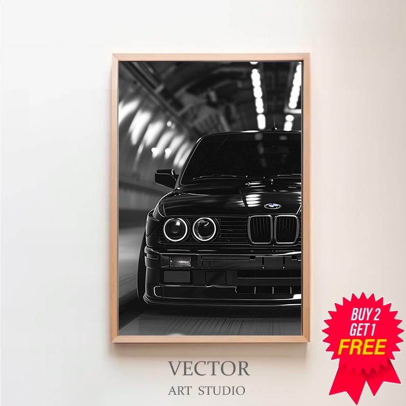 May include: Black and white photograph of a black BMW car in a tunnel. The car is facing the camera and the headlights are on. The tunnel is lit with white lights.
