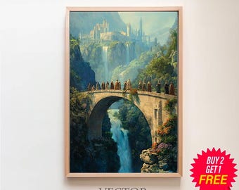 Digitalt konsttryck av Fantasy Fellowship, mystisk alvlandskapsmålning, illustration av förtrollande kraftringar, födelsedagspresent