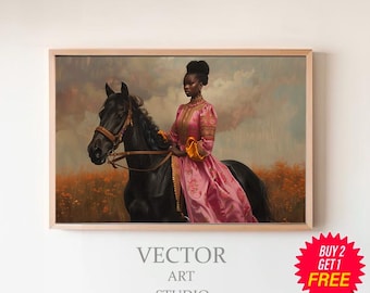 Vintage vrouw op haar paard | Printkunst | Paard en ruiter | Woondecoraties | Paardensport