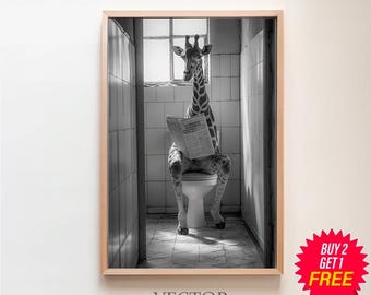 Giraffe Print, Funny Bathroom Decor, Giraffe in Toilet, Black And White Giraffe, Animal in toilet, Wall Art, Printable Digital Download