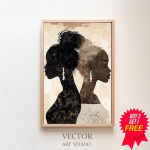 Dualität Afro Art Print, schwarze und weiße Frauen mit natürlichem Haar, sofort-Download afroamerikanischer Kunst, ethnische Wand-Dekor