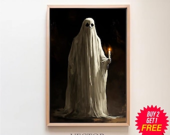 Ghost With Candle Poster, Sheeted Ghost Art Print, Cute Little Ghost Face Spooky Gothic Printable, Dark Academia Room Decor, Abandoned Art