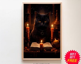 Impresión de bruja de gato negro, arte de gato negro, cartel vintage, academia oscura, victoriano gótico, decoración de brujas, impresión de cartel de arte