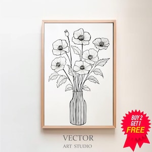 Abstract Botanical Digital Download, Beige Black Wall Art, Floral Illustration Botanical Print, Neutral Flower Vase Beige Printable Art