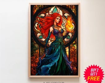 Goddess Brigid Art Print, Celtic Goddess of Fire and Forge, Celtic Mythology, Divine Feminine Art, Wall Art Stained Glass Painting style