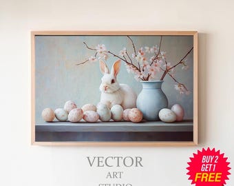 Frame TV Art Easter Bunny, Instant Download, Spring Frame TV Art, Samsung Frame Art vintage style, Spring TV Art Rabbit with Easter Eggs