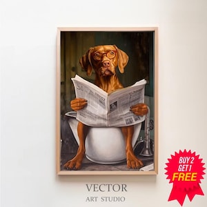 Vizsla auf der Toilette und liest Zeitung, Badezimmer Poster, digitaler download, Geschenk für Hundebesitzer, Funny Dog Picture, Vizsla art