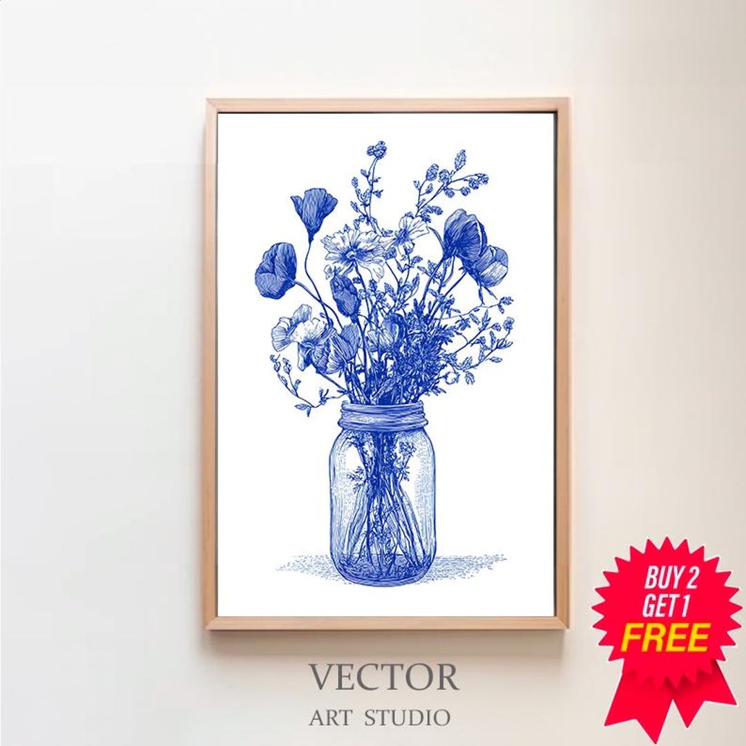 Blue Floral Still Life Drawing | Flowers in a Vase Art Print ...