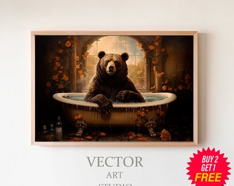 Bear in the Bathtub Oil Painting, Funny Bathroom Wall Art, Black Bear Print, Dark Humor, Animal in Bathtub, Whimsy Animal Art