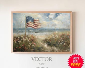 Decoração de arte com bandeira americana vintage Bandeira patriótica e estampa floral Arte de parede colorida de flores silvestres neutras Decoração de casa de fazenda antiga Download digital