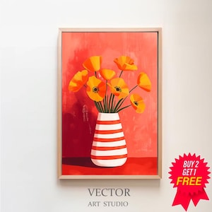 Flower Vase Red Printable Art Striped Wall Art Orange Abstract Botanical Floral Illustration Botanical Poster Abstract Art Digital Download