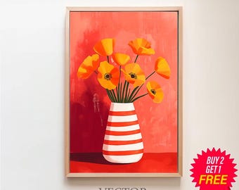 花瓶の赤の印刷可能なアート ストライプの壁アート オレンジの抽象的な