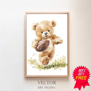 Teddy Bear Playing Football Art Print Football Nursery Bear Art Kids Room Art by Bespoke Littles Nursery Football Decor Nursery Sports Art