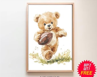 Teddy Bear Playing Football Art Print Football Nursery Bear Art Kids Room Art by Bespoke Littles Nursery Football Decor Nursery Sports Art