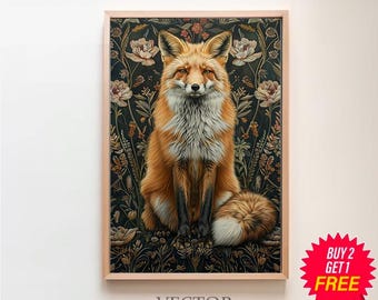 William Morris Inspired Fox Art Print, Fox Print Poster Nature Living Room Art, Forest Wall Art, Large Wall Art Canvas, Kitchen Art