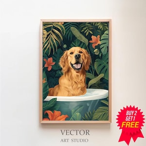 Golden Retriever Wall Art, Boho Jungle Bathtub Print, Maximalist Botanical Decor, Eclectic Tropical Poster, DIGITAL, Cute Dog Mom Owner Gift