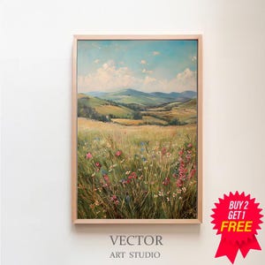 Spring Printable Wildflower Field Landscape Painting, Spring Print Vintage Farmhouse Printable Neutral Wall Art Digital Download Spring Art
