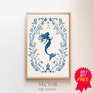 Blaue Meerjungfrau kokett, Vintage nautische Galerie Wandkunst, Küstenästhetik, antikes Wanddekor, Meerjungfrau, neutrale Kunst