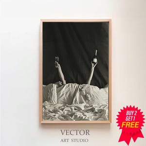 ベッドでワインを飲む女性のプリント、白黒、フェミニストポスター、アルコールウォールアート、バーカートプリント、部屋の装飾、十代の女の子の寝室のプリント