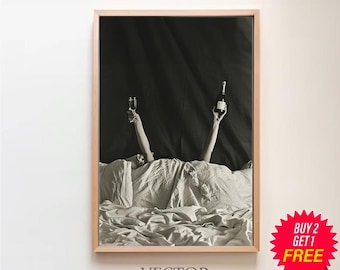 Woman Drinking Wine in Bed Print, Black and White, Feminist Poster, Alcohol Wall Art, Bar Cart Print, Room Decor, Teen Girl Bedroom Print