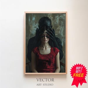 May include: A woman in a red dress is being held by a shadowy figure with black hands covering her eyes. The background is a dark, textured wall.