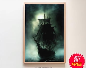 Vintage Ghost Ship, Ocean Aesthetic, Gothic Sea Painting, Dark Arts Printable, Dark Academia Décor, Pirate Art Print, Antique Oil Painting