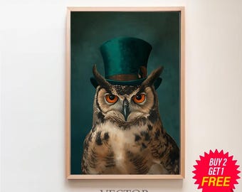 Gentleman Owl Vintage Portrait | Antique Owl Painting, Barn Owl, Dark Academia Decor, Forest Animal, Whimsical Animals, Moody Wall Art
