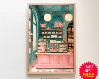 May include: A watercolor painting of a bakery interior with a pink counter and shelves filled with pastries. The bakery has a teal green ceiling and walls, and a large window with a view of a street. The text "BUY 2 GET 1 FREE" is in a red starburst shape in the lower right corner of the image.