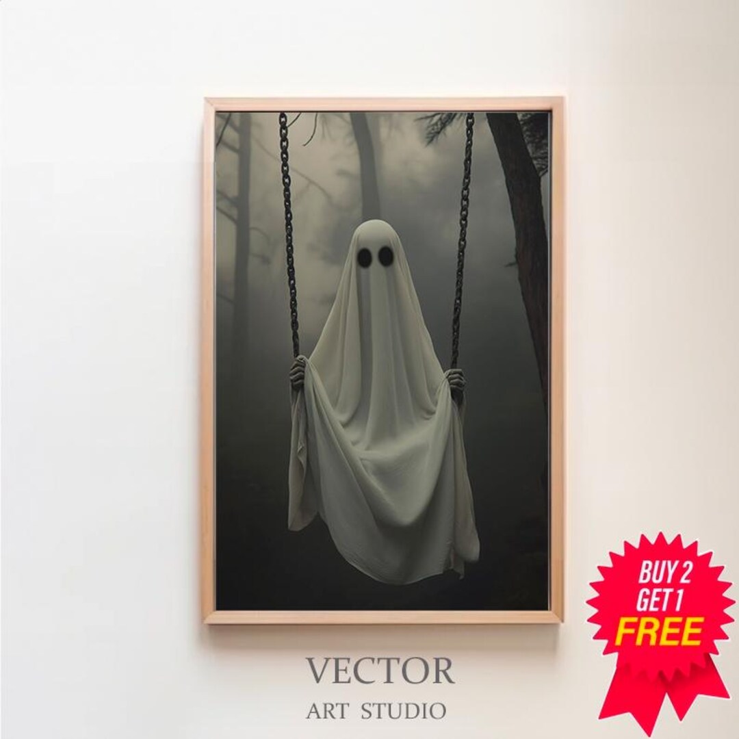 Ghost on the Swing Poster, Sheeted Ghost Art Print, Cute Little Ghost ...