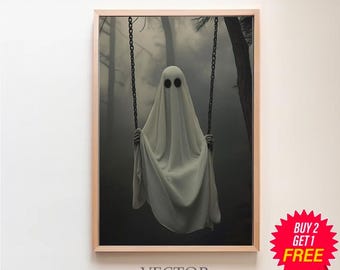 Ghost On The Swing Poster, Sheeted Ghost Art Print, Cute Little Ghost Face Spooky Gothic Printable, Dark Academia Room Decor, Abandoned Art