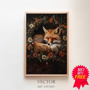 Baby fox in Magic Forest core Dark Cottagecore Academia Floral Botanical Wild Animal Wall Art Decor Moody Vintage Oil painting Printable Art