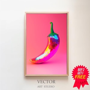 Printable Wall Art, Chili Pepper Disco Ball Maximalist Painting, Mirror Ball Girly Kitchen Print, Dopamine Dining Room Preppy Food Poster