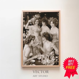 Women Drinking At Party Wall Art, Black and White Print, Vintage Women Drinking Wine Poster, Party Decor, Retro Wall Decor, Bar Cart Print