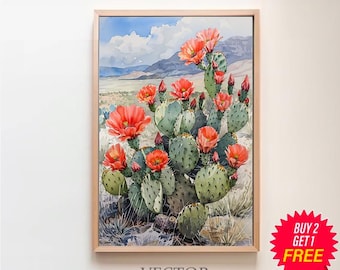 Impresión de acuarela de cactus con flores de tuna, arte de pared botánico del desierto, regalo del suroeste, decoración occidental, arte sonorense inspirado en la naturaleza