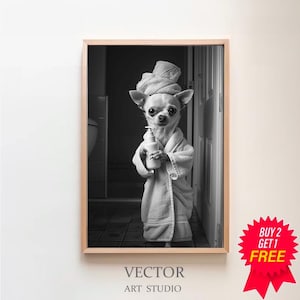 Chihuahua Wall Art, Bathroom Art Print, Cute Dog Photograph, Bathroom wall art, Printable Digital Download, Chihuahua Dog in Bathroom