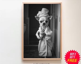 Chihuahua Wall Art, Bathroom Art Print, Cute Dog Photograph, Bathroom wall art, Printable Digital Download, Chihuahua Dog in Bathroom