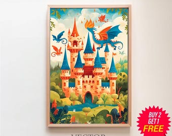 Fantasy Castle and Dragon Print ~ Kids Posters Decor Printable ...