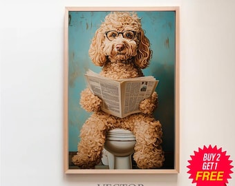 Peut inclure: Un caniche brun et blanc portant des lunettes est assis sur des toilettes blanches et lit un journal. L'arrière-plan est un mur bleu clair.