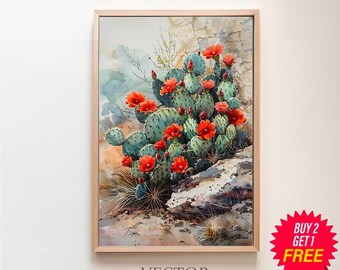 Impresión de acuarela de cactus con flores de tuna, arte de pared botánico del desierto, regalo del suroeste, decoración occidental, arte sonorense inspirado en la naturaleza